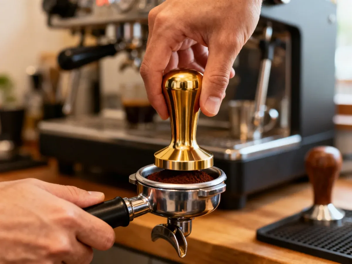 Barista dociskający zmieloną kawę stalowym tamperem w portafiltrze