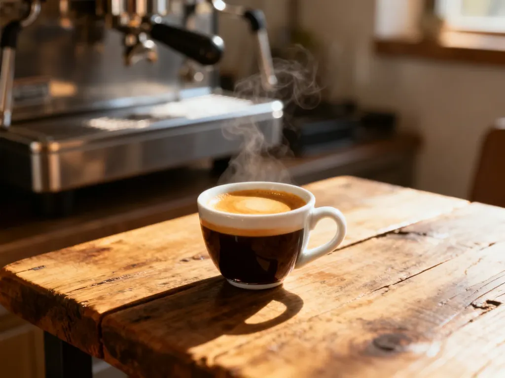 Pojedyncze espresso w białej filiżance z gęstą cremą, stojące na drewnianym stole w kawiarni.