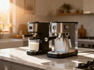 Szklany zaparzacz typu French press z parującą kawą, ziarnami i kubkiem na drewnianym stole w przytulnej kuchni.