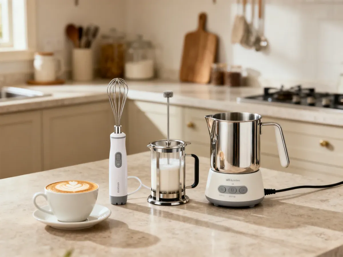 Różne typy spieniaczy do mleka ustawione obok filiżanki cappuccino
