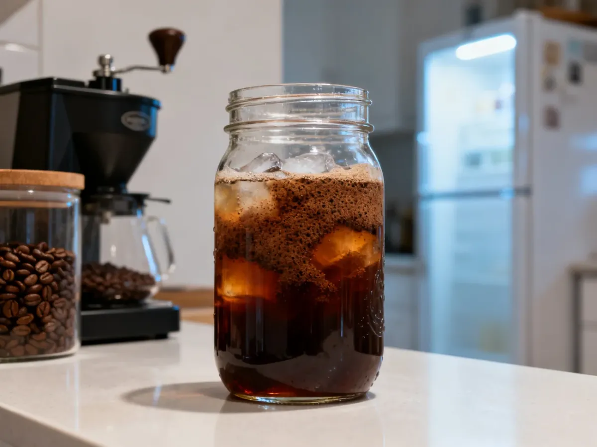 Słoik z kawą cold brew macerującą się w chłodnej wodzie