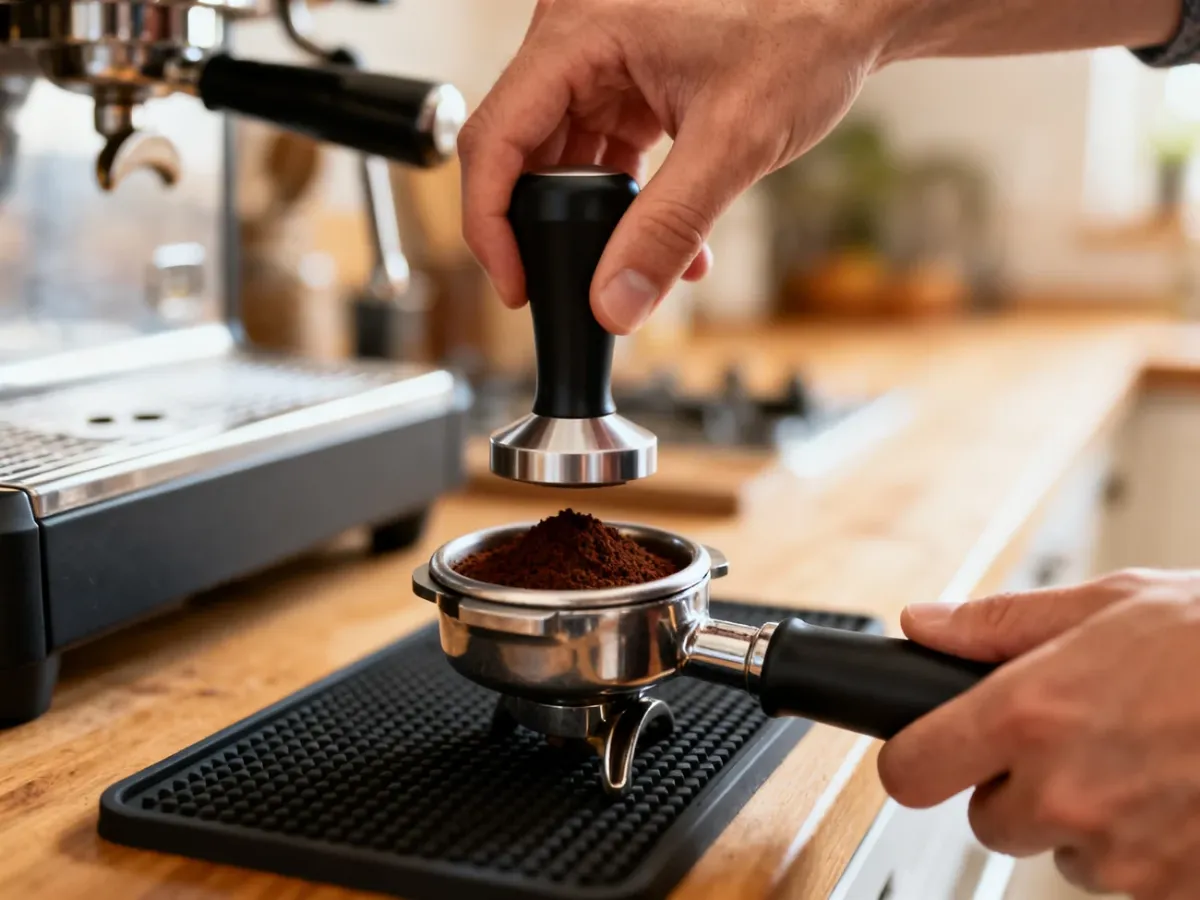 Barista ubijający kawę w kolbie za pomocą tampera