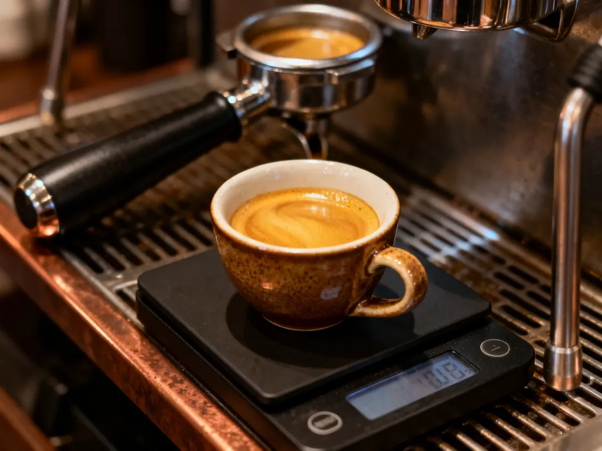Podwójne espresso z cremą ustawione na wadze obok ekspresu