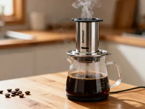 Cyfrowa waga do kawy na drewnianym blacie obok szklanego drippera, gotowa do precyzyjnego parzenia naparu.