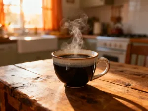 Dwie szklanki z kawą: cafe cortado z warstwą mleka oraz espresso macchiato z kleksem pianki na ciemnym drewnianym stole.