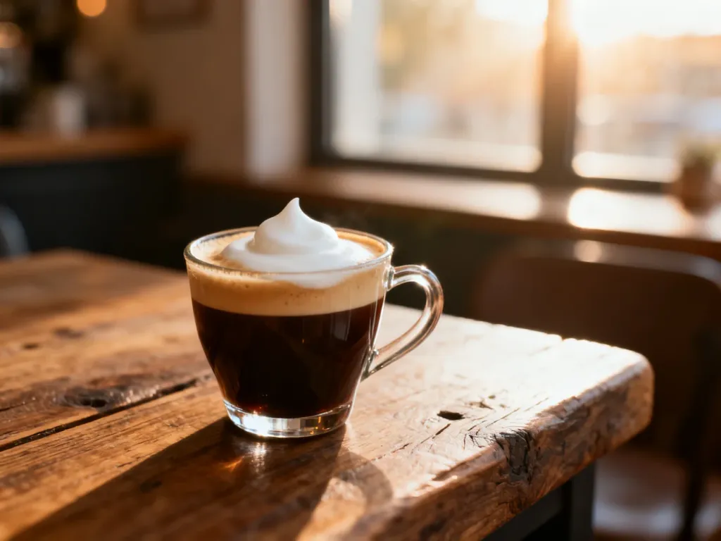 Espresso macchiato w szklance z wyraźną warstwą kawy i delikatną pianką mleczną na rustykalnym drewnianym stole.