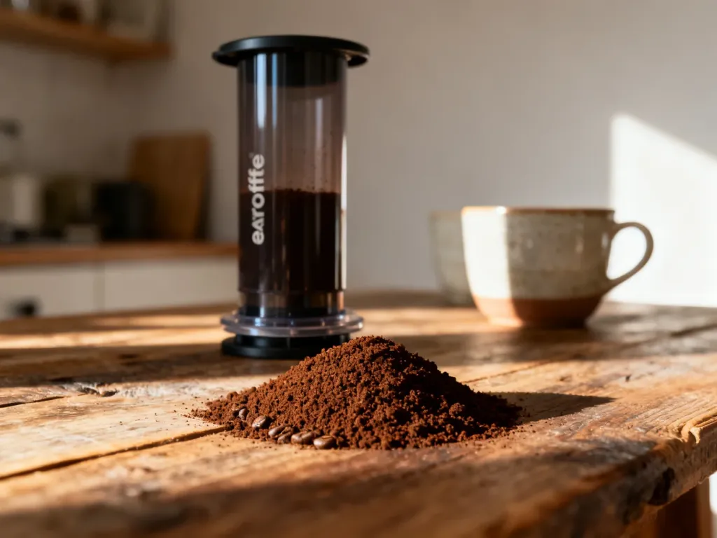 Profesjonalny ekspres AeroPress oraz wysypana obok średnio zmielona kawa na drewnianym stole w porannym świetle.