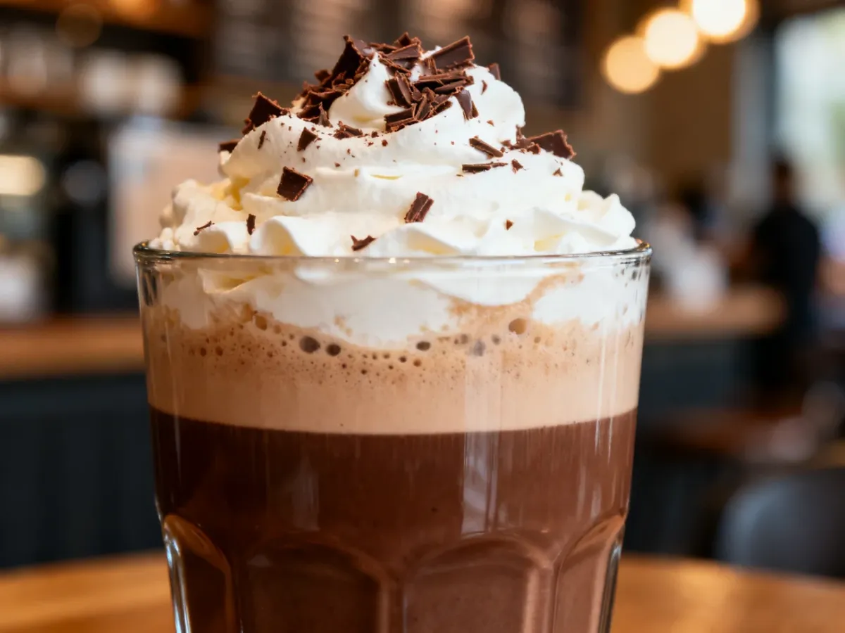 Szklanka kawy mocha z mlekiem, czekoladą, bitą śmietaną i wiórkami czekoladowymi
