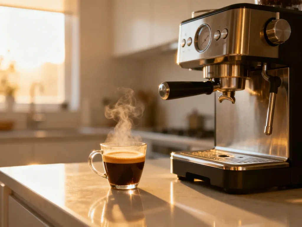 Nowoczesny ekspres automatyczny na kuchennym blacie z filiżanką świeżego espresso w porannym świetle.