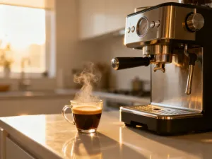 Szklany Chemex i ceramiczny dripper V60 ustawione obok siebie na drewnianym stole w otoczeniu ziaren kawy.