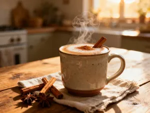 Szklany dripper V60 z zaparzoną kawą na drewnianym stole w słonecznej kuchni. Przygotowanie kawy metodą przelewową.