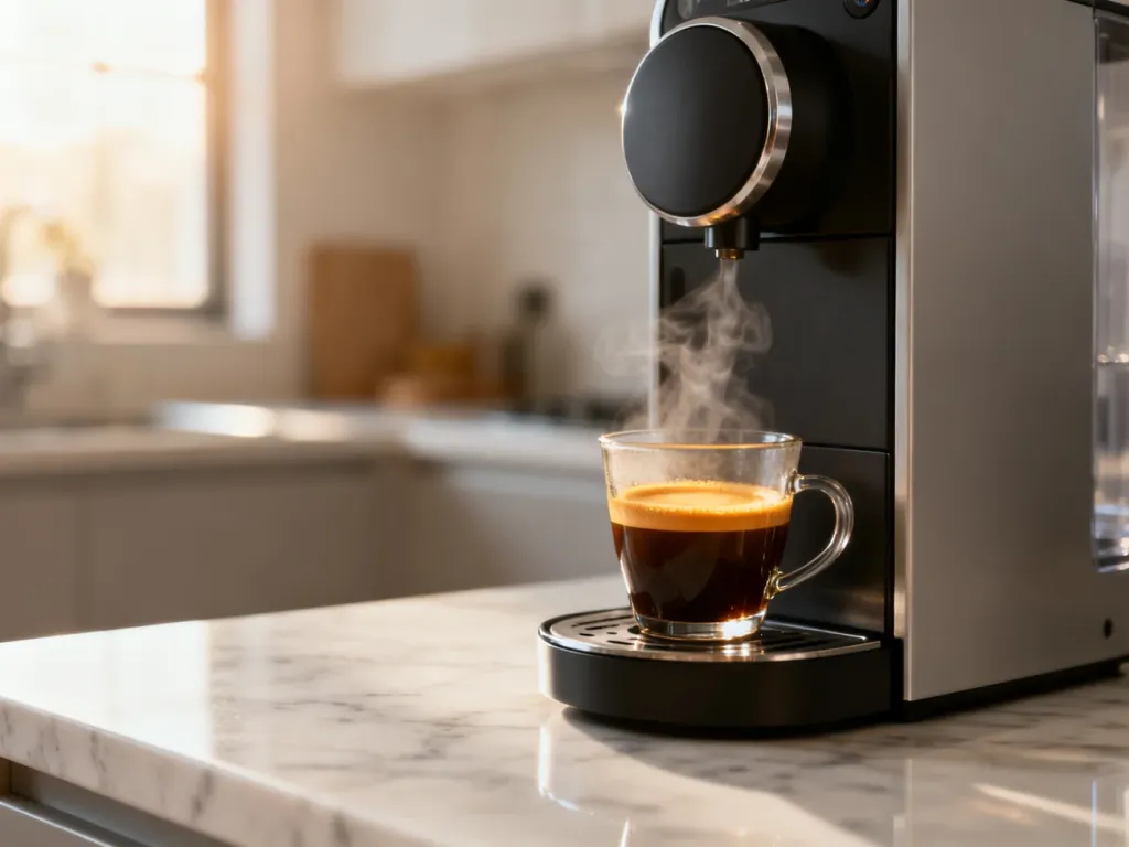 Nowoczesny ekspres kapsułkowy na marmurowym blacie z filiżanką świeżego espresso w porannym świetle.