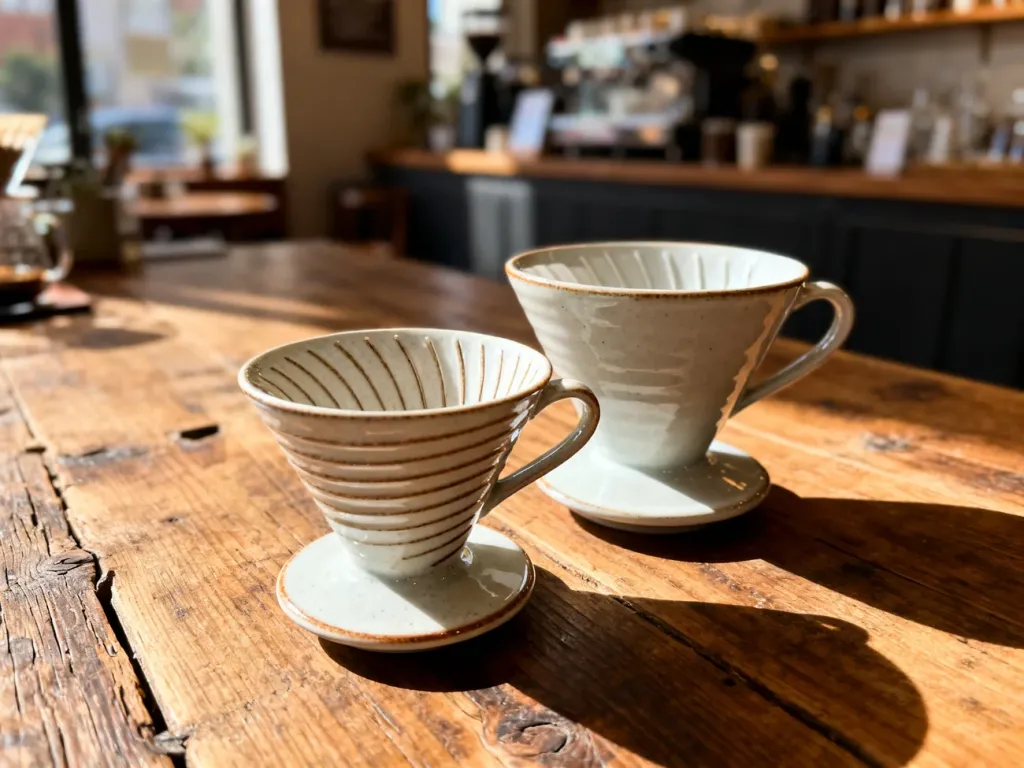 Dwa ceramiczne drippery Hario V60 w rozmiarach 01 i 02 ustawione obok siebie na drewnianym stole w kawiarnianym wnętrzu.