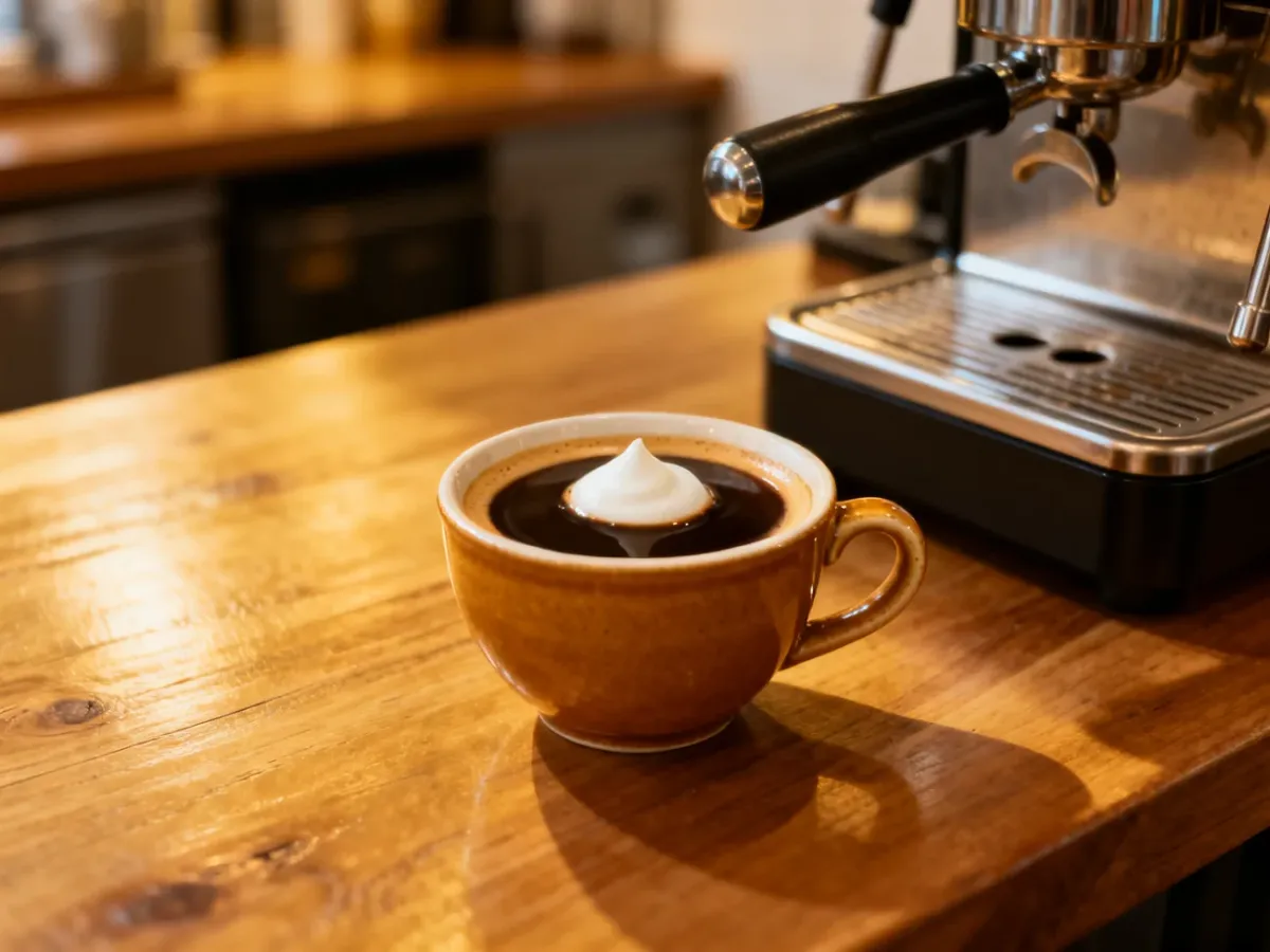 Espresso macchiato w małej filiżance z jasną pianką mleczną