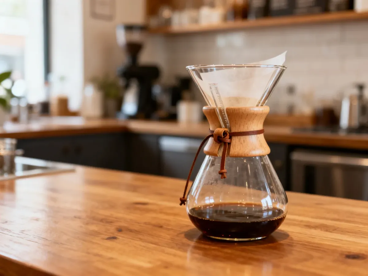 Oryginalny szklany Chemex z charakterystycznym drewnianym kołnierzem
