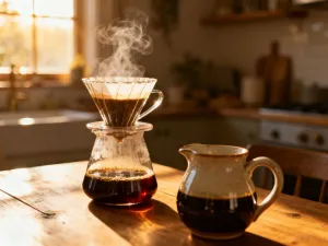 Filiżanka jasnego espresso z gęstą cremą oraz rozsypane ziarna kawy o jasnym wypaleniu w przytulnej kawiarni.