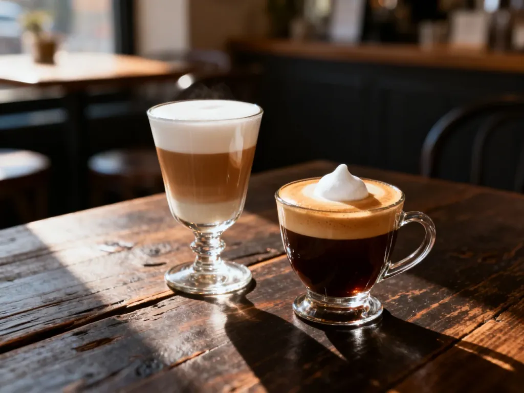 Dwie szklanki z kawą: cafe cortado z warstwą mleka oraz espresso macchiato z kleksem pianki na ciemnym drewnianym stole.