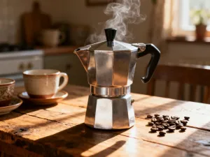 Cortado w szklance na drewnianym stole, z widocznymi warstwami espresso i aksamitnej pianki mlecznej.