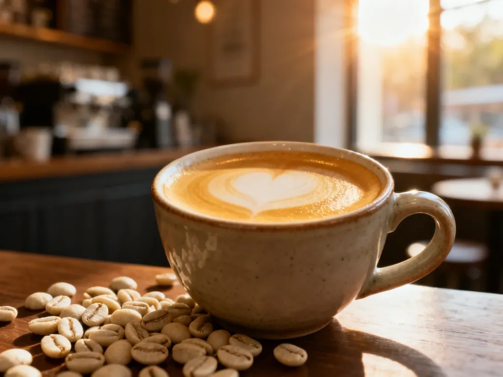 Filiżanka jasnego espresso z gęstą cremą oraz rozsypane ziarna kawy o jasnym wypaleniu w przytulnej kawiarni.