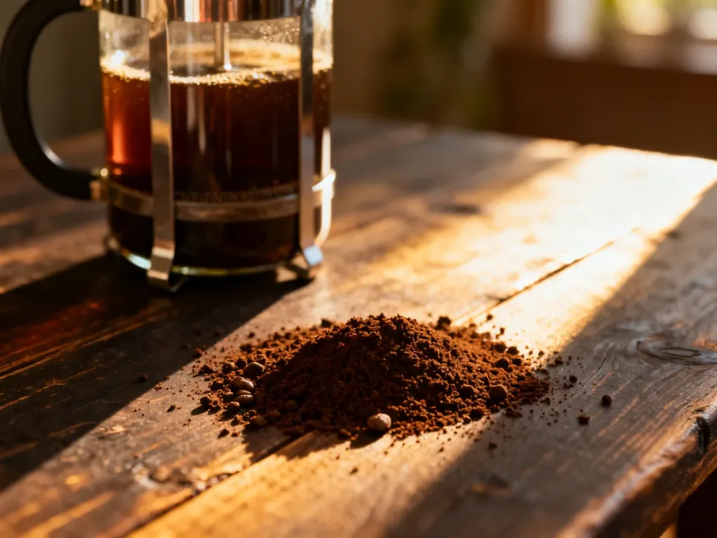 Grubo zmielona kawa na drewnianym stole obok zaparzacza typu French press w promieniach porannego słońca.