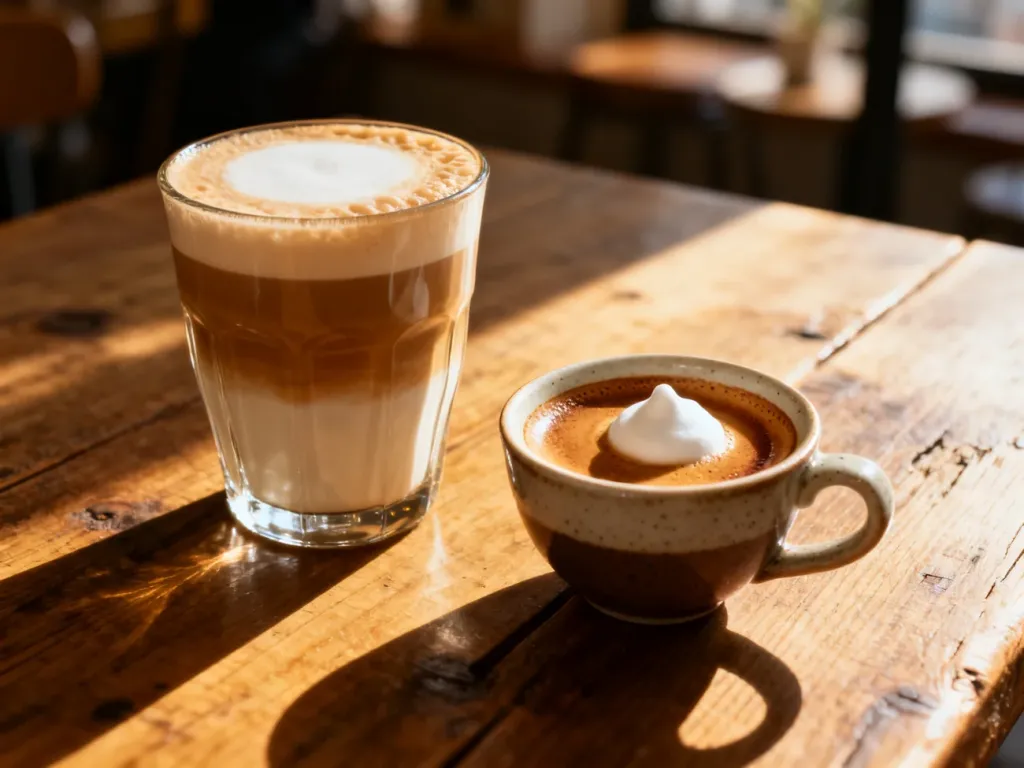 Porównanie cortado w szklance i espresso macchiato w ceramicznej filiżance na drewnianym stole w kawiarni.