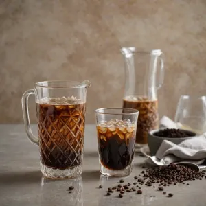 Szklany Chemex i ceramiczny dripper ustawione obok siebie na drewnianym stole, gotowe do parzenia kawy w porannym świetle.