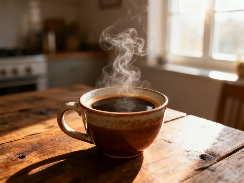 Parująca filiżanka espresso na drewnianym stole w porannym świetle, podkreślająca pobudzający charakter kawy.