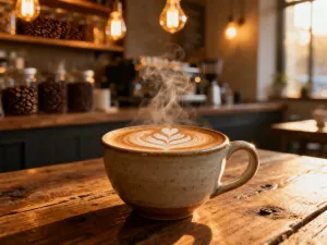 Espresso macchiato w szklance oraz cappuccino z latte art na drewnianym stole w kawiarni.