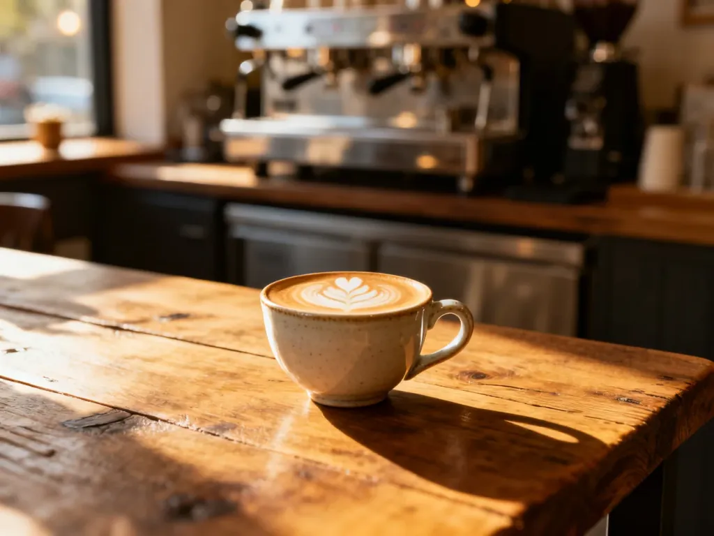 Piccolo latte z wzorem na mlecznej piance w eleganckiej filiżance na drewnianym stole w przytulnej kawiarni.