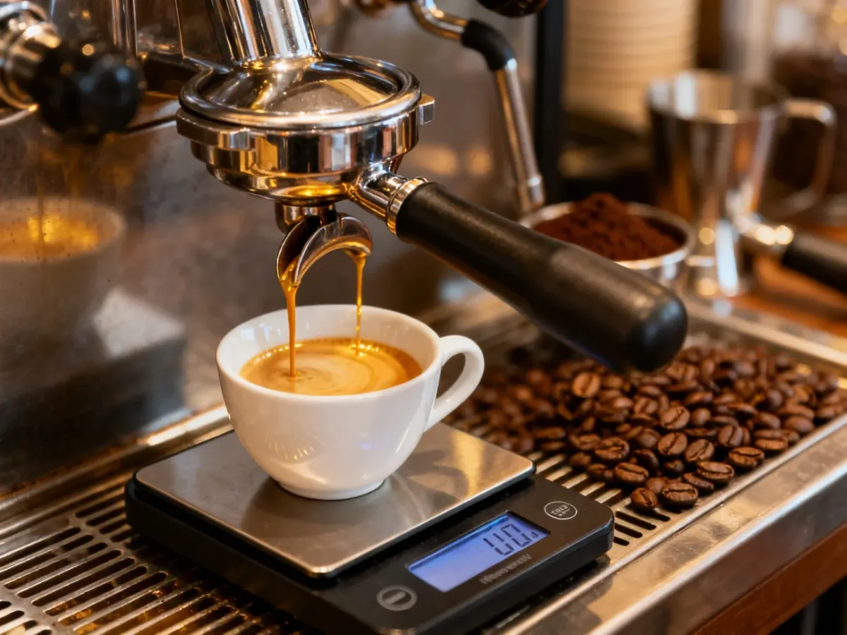 Ekstrakcja espresso z kolby do filiżanki ustawionej na wadze