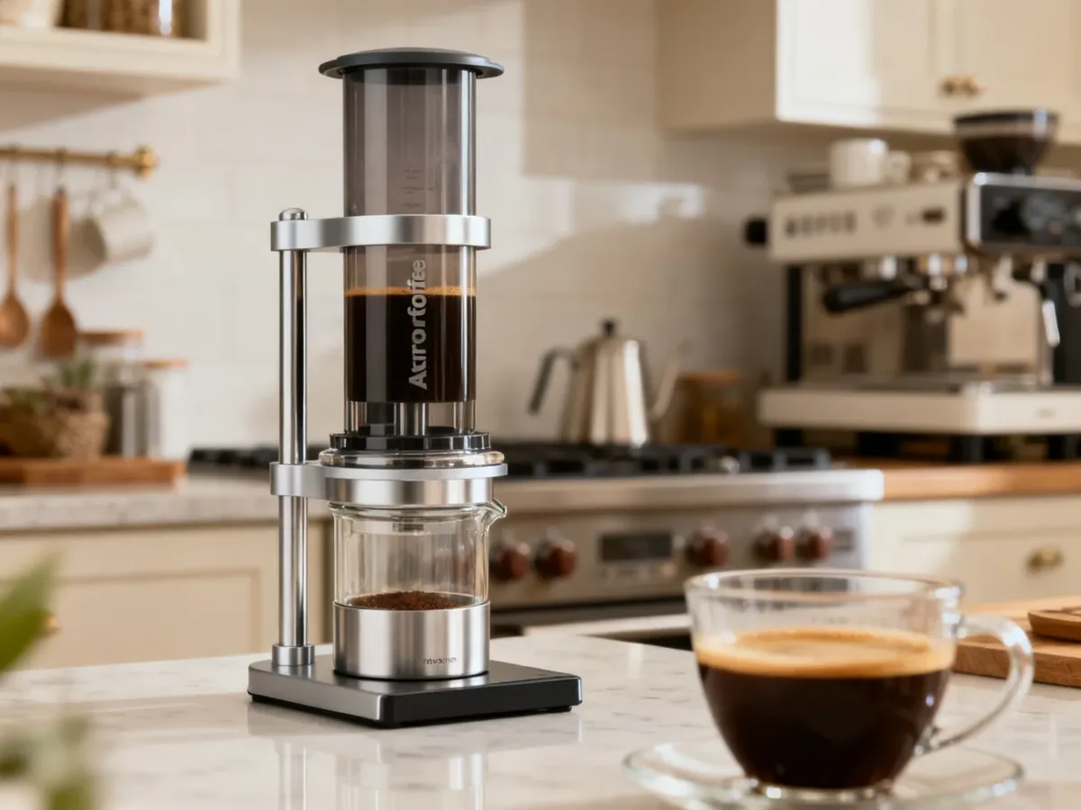 AeroPress Premium ze szklaną komorą i metalowymi elementami na domowym stanowisku kawowym