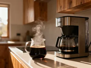 Porównanie dwóch szklanych zaparzaczy Chemex (wersje 3-cup i 6-cup) ustawionych obok siebie na drewnianym blacie.
