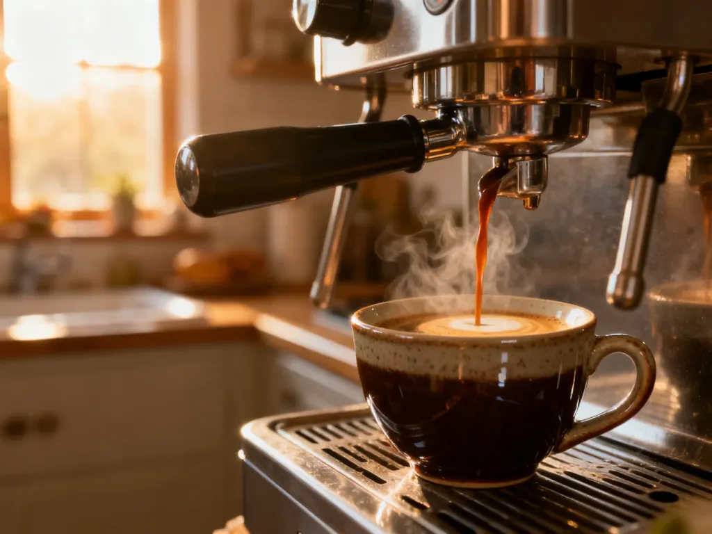 Strumień świeżego espresso wlewający się do ceramicznej filiżanki z widoczną cremą w przytulnej, słonecznej kuchni.