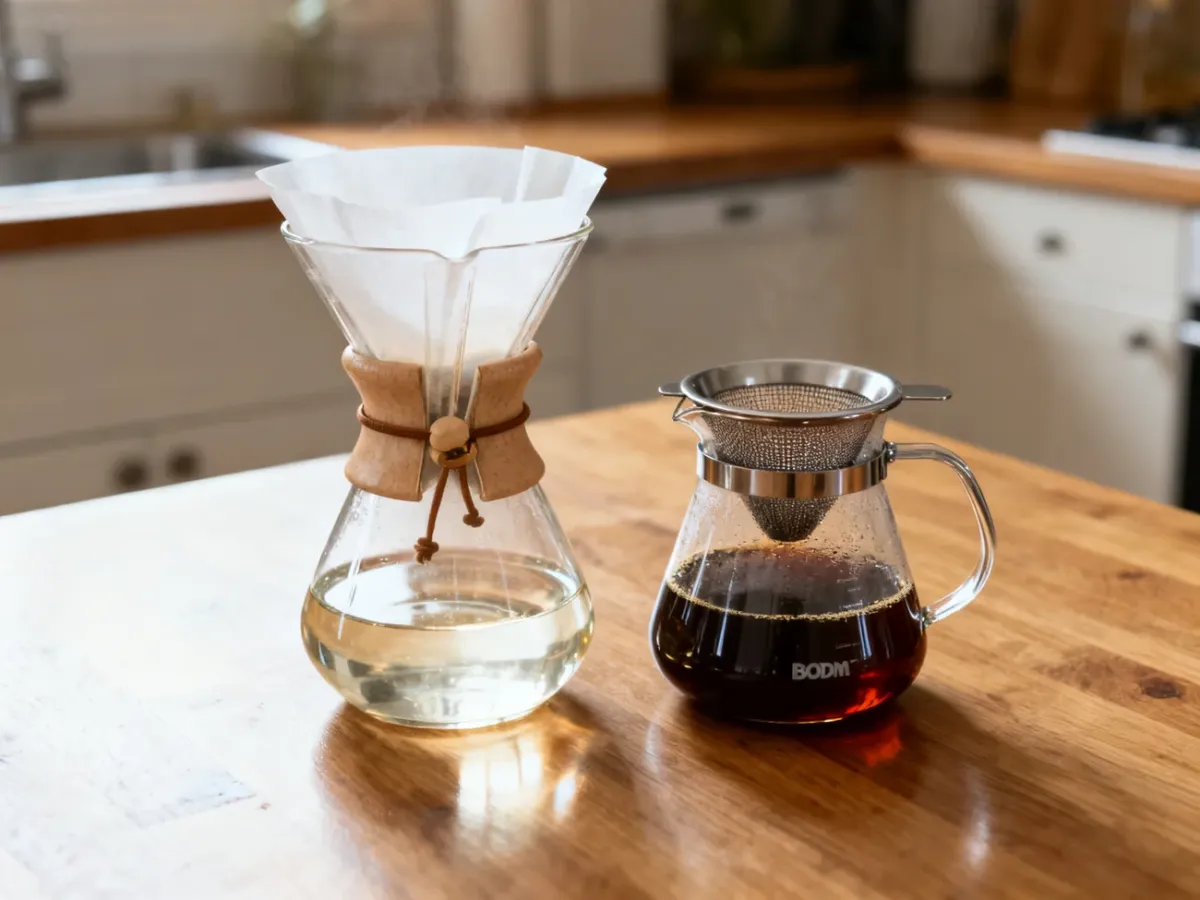 Chemex i Bodum z różnymi filtrami do parzenia kawy
