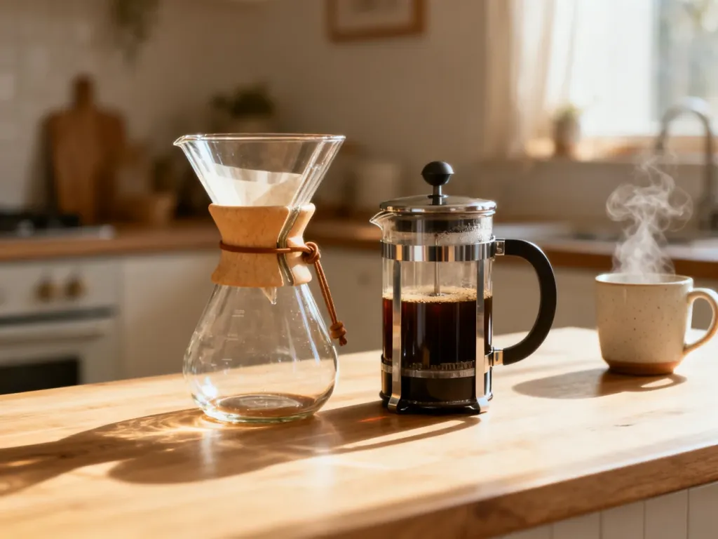 Zaparzacz Chemex i French Press ustawione obok siebie na drewnianym blacie w słonecznej kuchni.