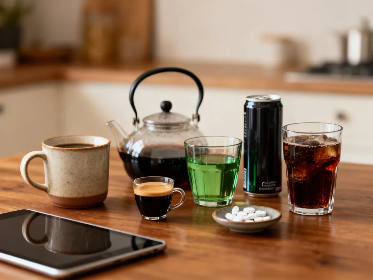 Różne źródła kofeiny: kawa, herbata, napój energetyczny, cola i tabletki