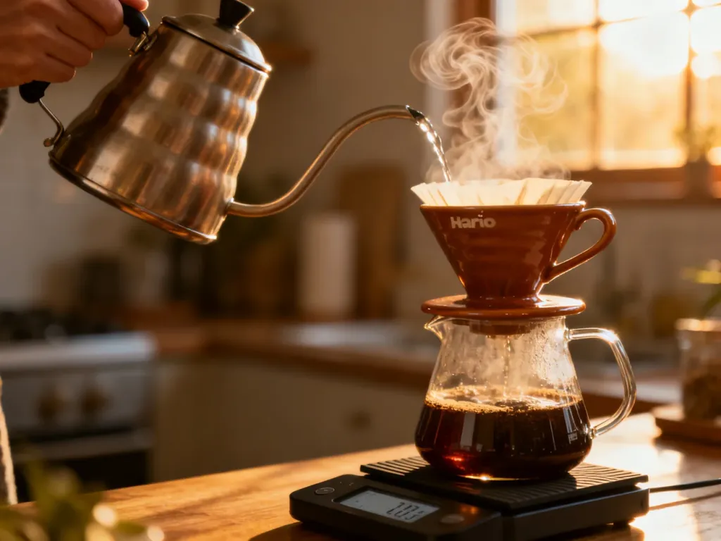 Ceramiczny dripper Hario V60 na szklanym dzbanku z parującą kawą oraz czajnik z gorącą wodą podczas procesu parzenia.