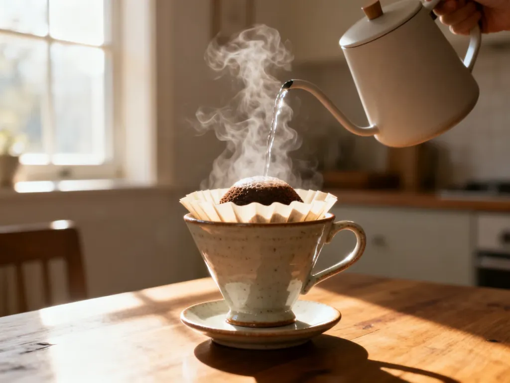 Ceramiczny dripper z kawą podczas parzenia metodą pour-over, z widoczną parującą wodą w promieniach porannego słońca.