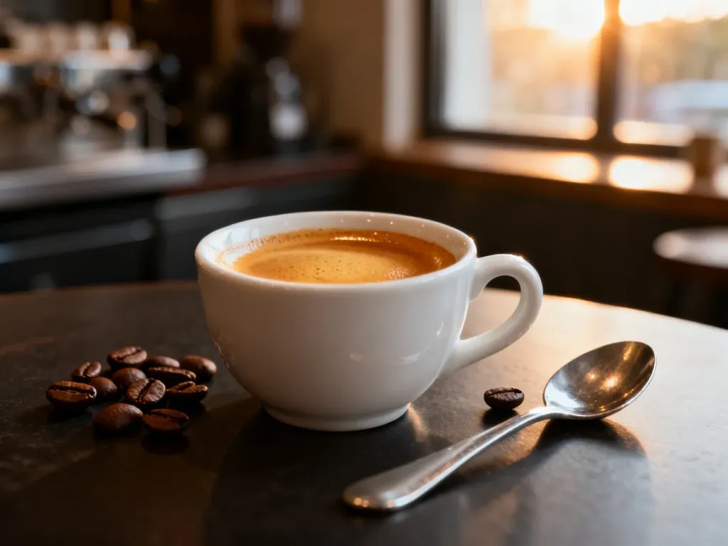 Mała filiżanka espresso z gęstą cremą, obok której leży srebrna łyżeczka i ziarna kawy w przytulnej kawiarni.