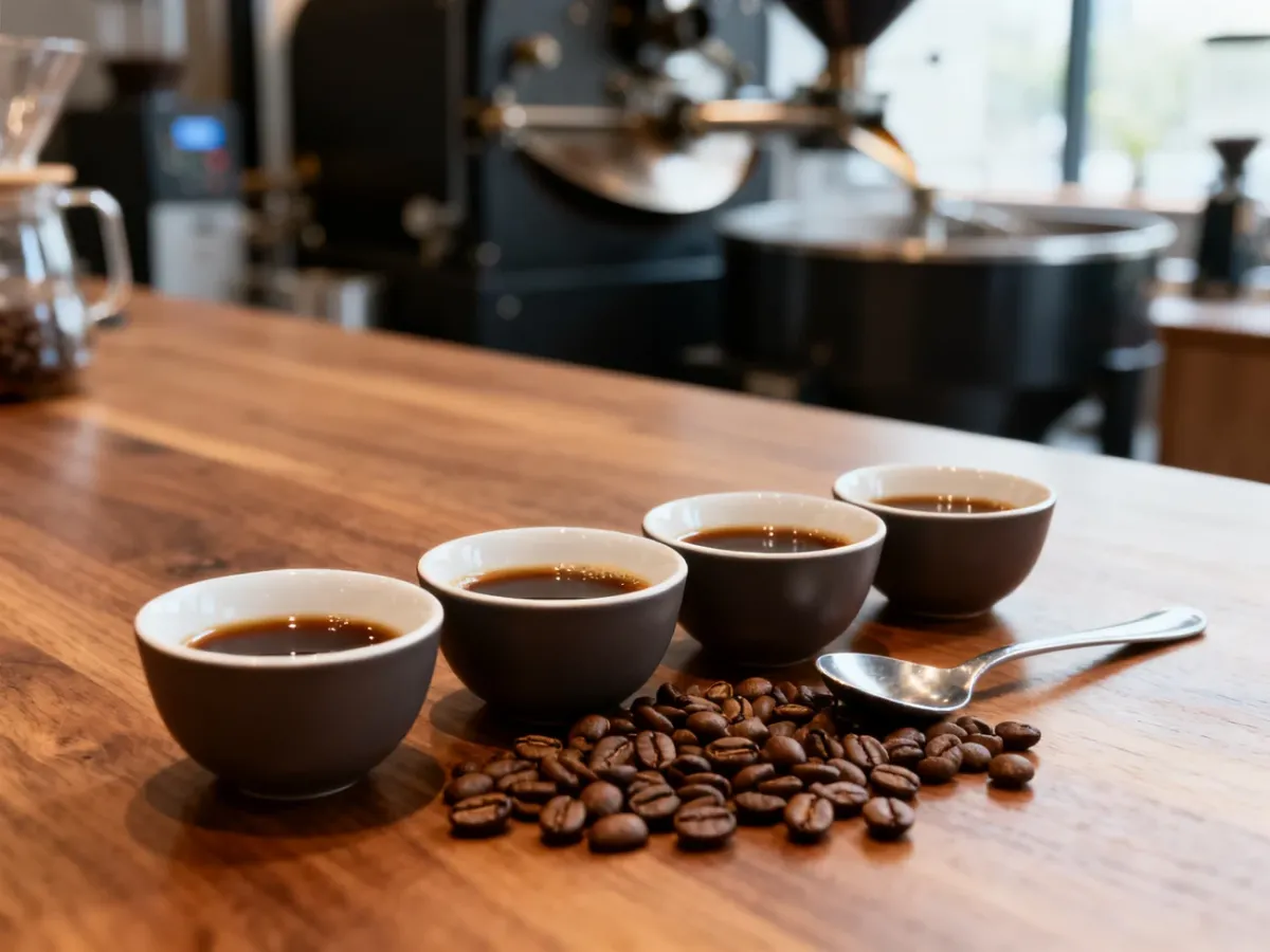 Degustacja kawy specialty z filiżankami, ziarnami i łyżką cuppingową