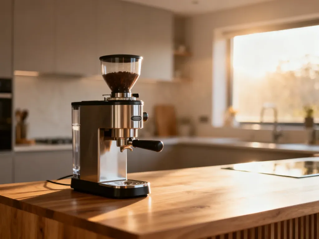 Profesjonalny młynek do espresso na drewnianym blacie w słonecznej, nowoczesnej kuchni.