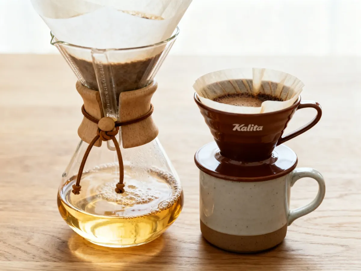 Chemex i Kalita Wave ustawione obok siebie na kuchennym blacie