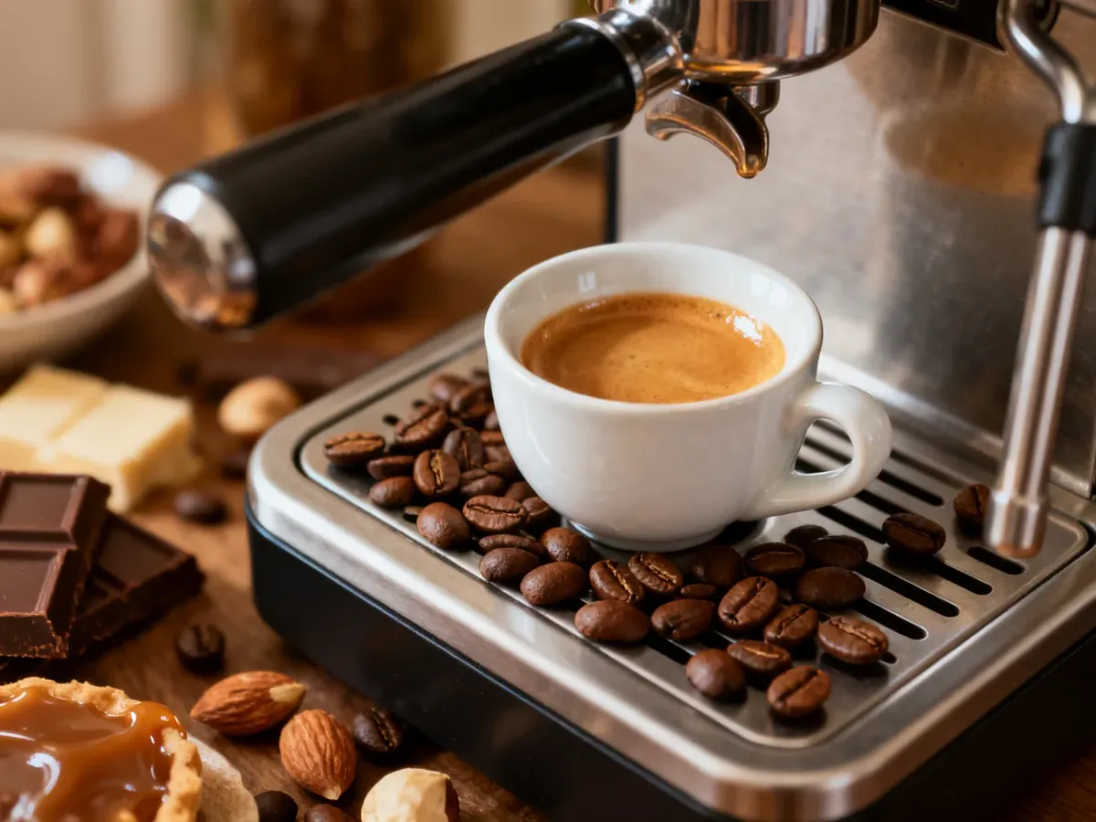 Filiżanka espresso obok ziaren kawy i ekspresu ciśnieniowego
