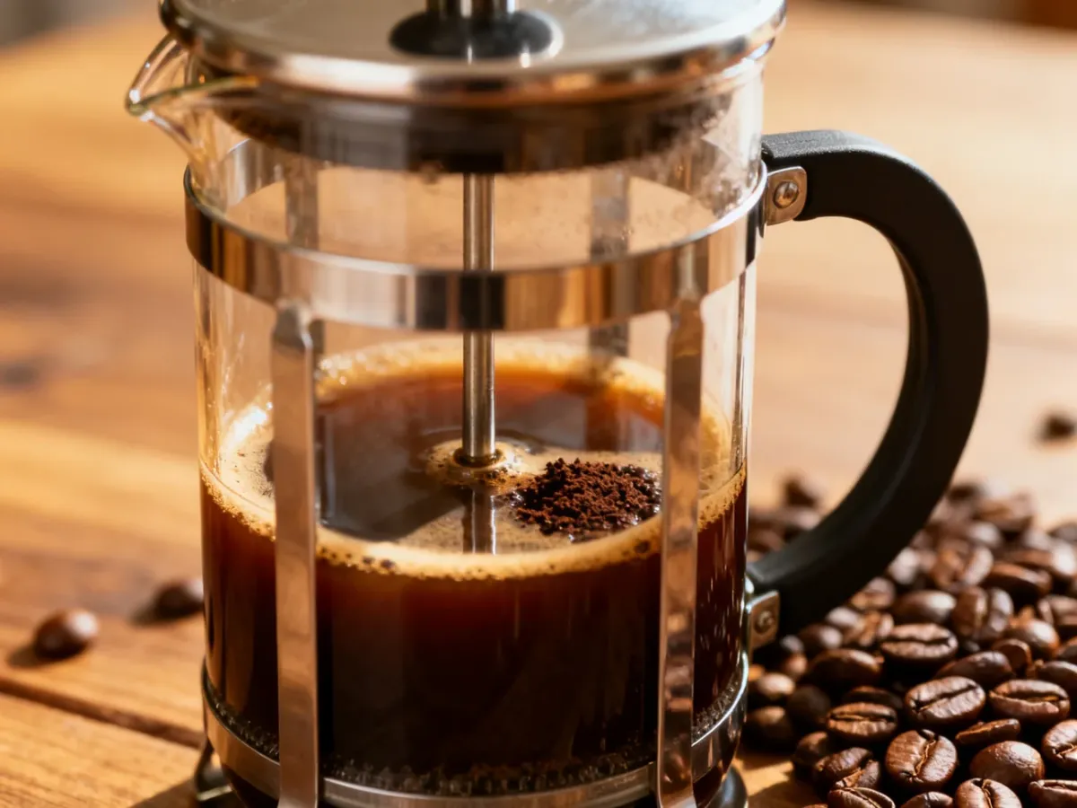 French press z pełnym, oleistym naparem i widocznymi drobnymi cząstkami kawy