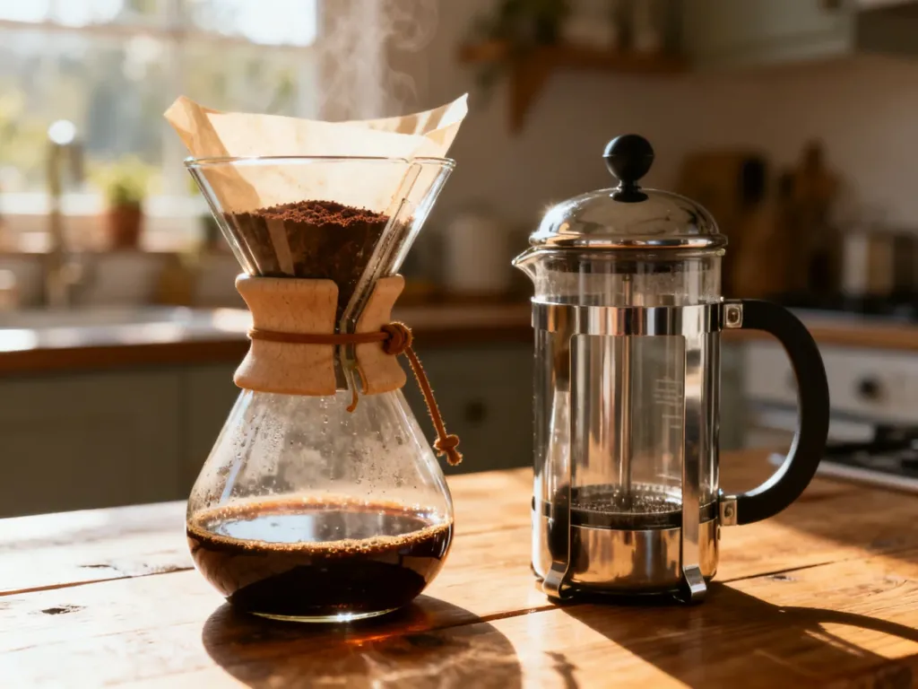 Szklany Chemex i stalowy French Press stojące obok siebie na drewnianym stole w przytulnej kuchni.