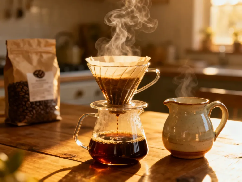 Szklany dripper z parzącą się kawą, z którego napar ścieka do ceramicznego dzbanka w przytulnej kuchni.