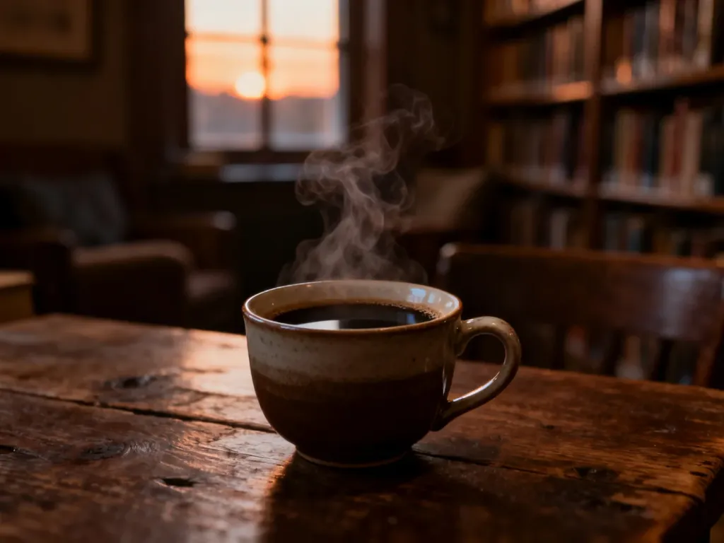 Parująca filiżanka czarnej kawy na drewnianym stole w przytulnej bibliotece, tworząca spokojną i senną atmosferę.