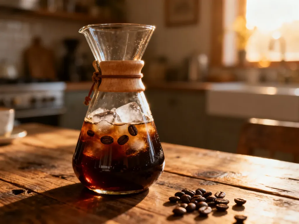 Szklana karafka z mrożoną kawą cold brew, kostkami lodu i ziarnami kawy na rustykalnym stole w ciepłym świetle słońca.