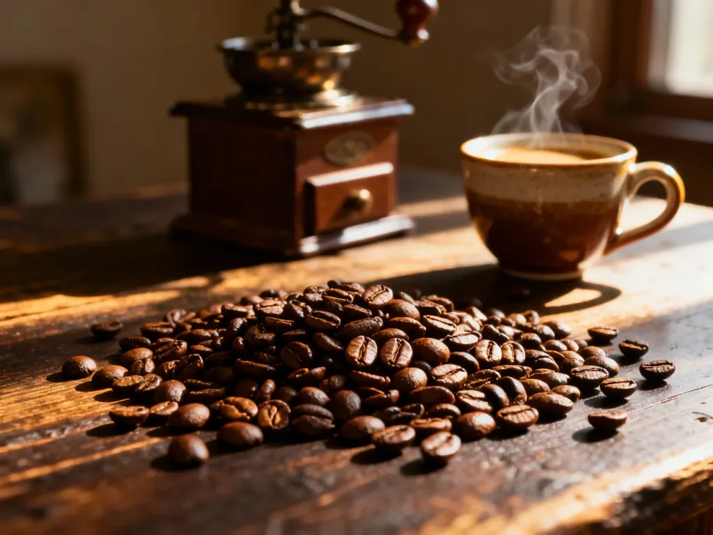 Wysokiej jakości ziarna kawy rozsypane na drewnianym stole obok młynka i filiżanki espresso w ciepłym porannym świetle.