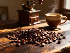 Ceramiczny dripper Hario V60 na szklanym dzbanku z parującą kawą oraz czajnik z gorącą wodą podczas procesu parzenia.
